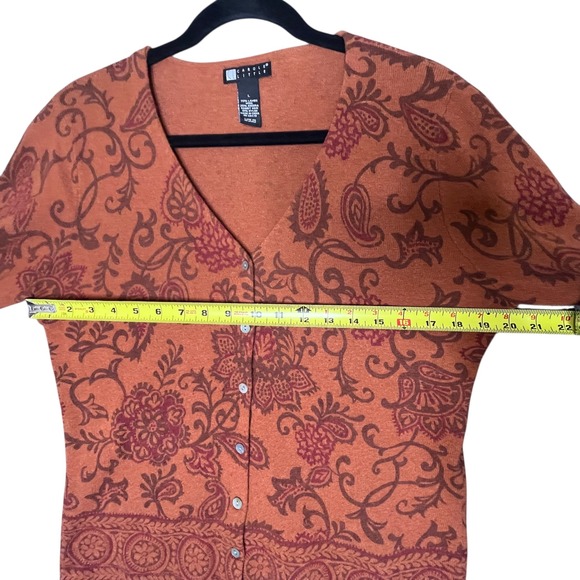 Carole Little Orange Paisley Floral Cardigan Sweater Size L Wool Angora Classic - Picture 6 of 10